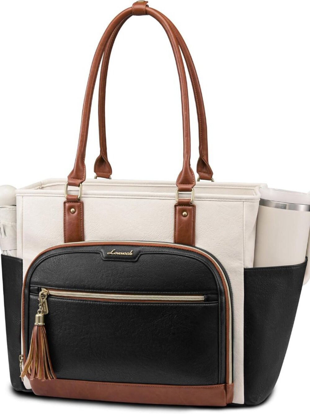 Laptop Tote Bag for Women With Large Cup Holder, Vintage Leather Work Tote Bag f